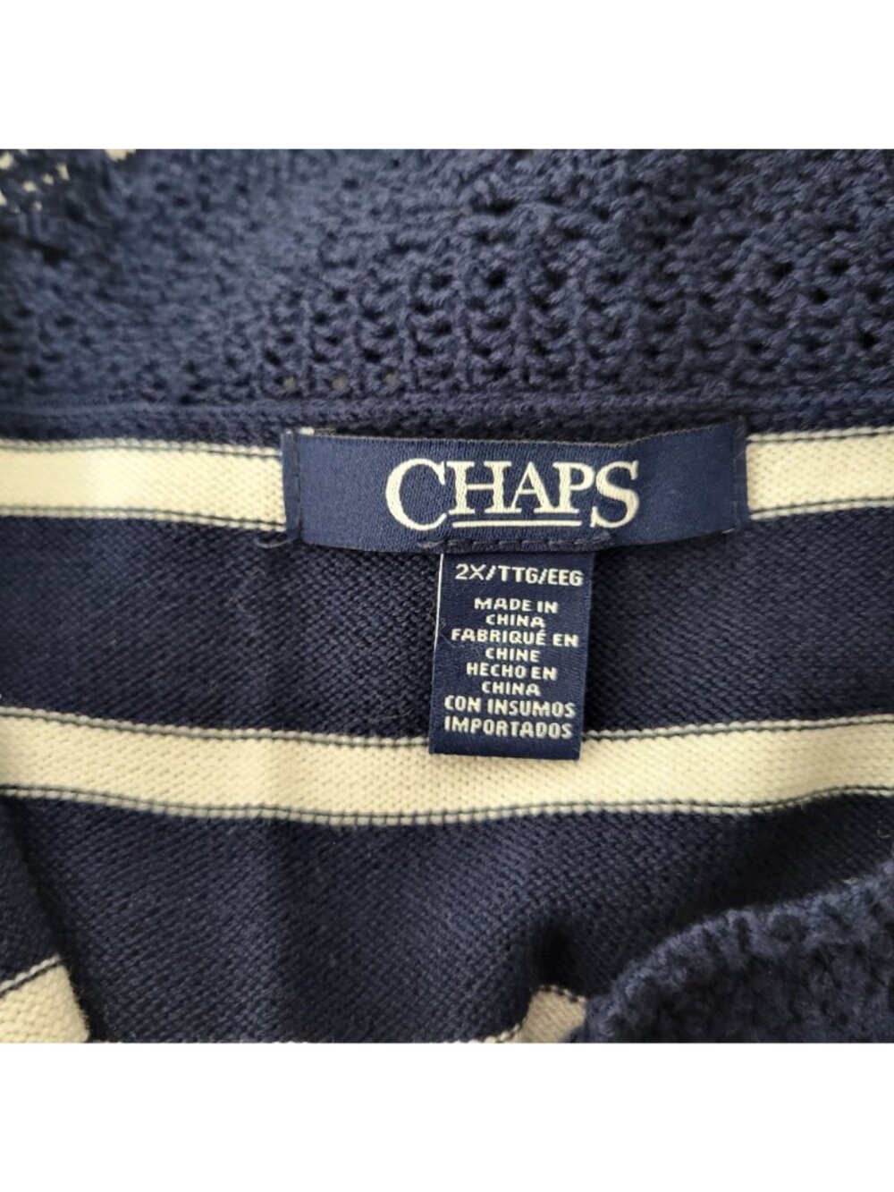 Chaps Navy and White Striped Pullover Sweater with Crocheted Neckline - Picture 4 of 5